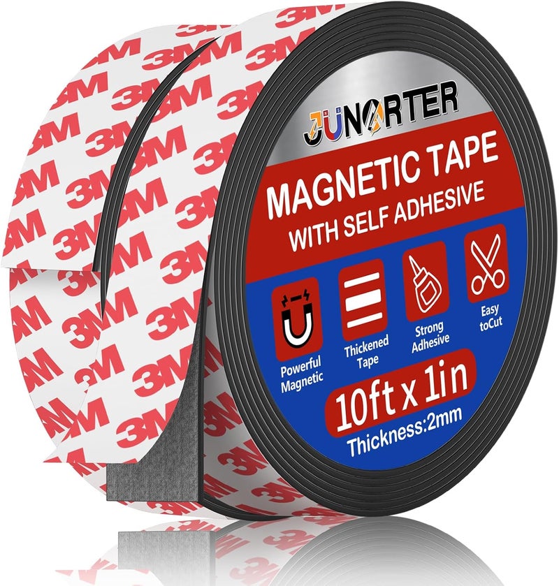 Junarter Magnetic Tape Roll, Magnet Strips, 2 Rolls (10 Feet x1 in) Adhesive Magnetic Tape Strips with Adhesive Backing, Flexible Magnetic Strips, Sticky Magnet Tape for Fridge, DIY (0.08" Thick) - Image 1